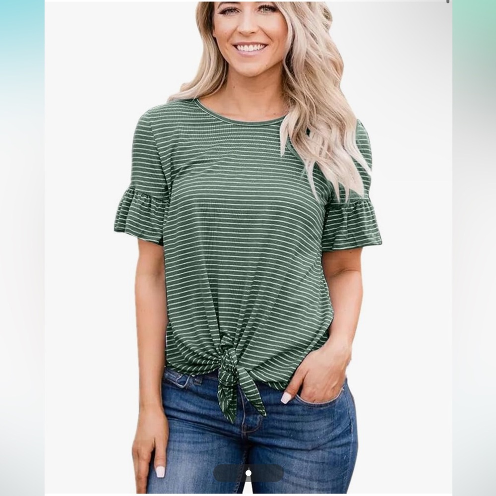 Women Casual Ruffle Short Sleeve Striped Knot Tie Front Tee Shirt,Olive,XL